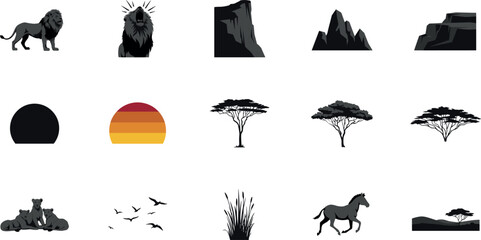 PrintAfrican safari vector elements set featuring lion pride zebra acacia trees mountains birds and sunset silhouette symbols for nature landscape graphic designs © MST