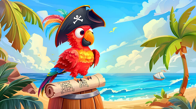Cartoon parrot pirate on treasure map at tropical beach with palm trees and ship