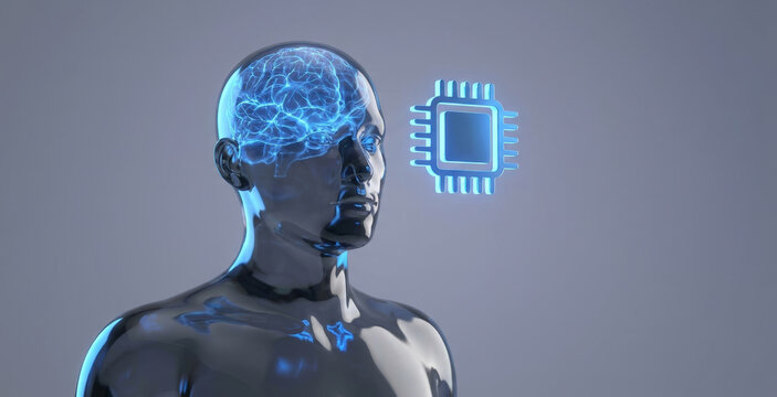 Futuristic concept of a human brain connected to a microchip, symbolizing the integration of technology and intelligence.