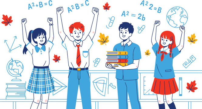 Happy elementary school students celebrating back to school season with education elements mathematics background flat design vector illustration