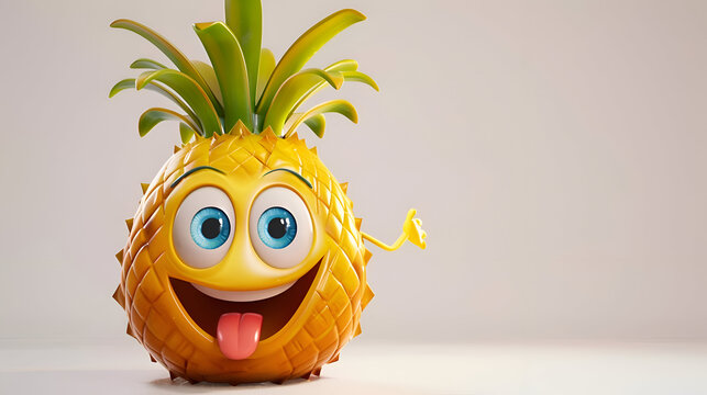 Cartoon pineapple with blue eyes and leafy top making a silly face
