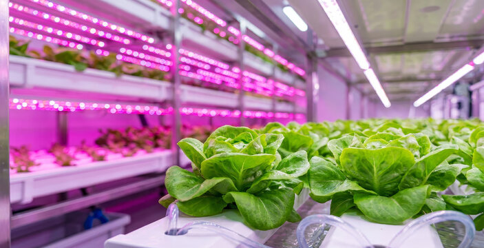 Indoor hydroponic lettuce cultivation under pink LED lighting, showcasing fresh green vegetation in a modern farming environment.