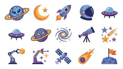 Minimalist Colorful Space Themed Icons Set with Planets Rockets UFOs Telescopes and Astronaut Gear © Rio