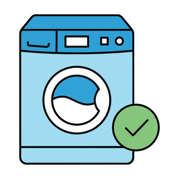 Stylized modern top-loading washing machine with checkmark icon, isolated on white. Home appliance completion concept.