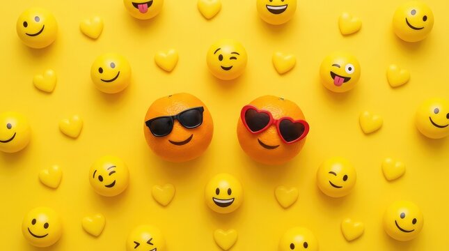Smiling oranges and yellow emojis on bright background