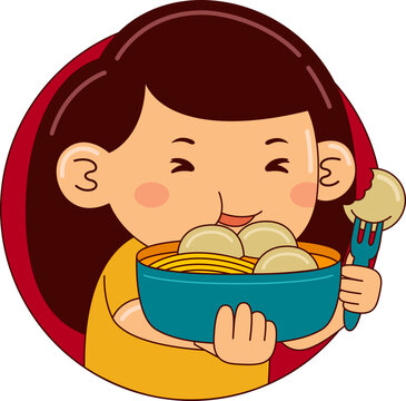 Girl Eating Meatball Vector Illustration
