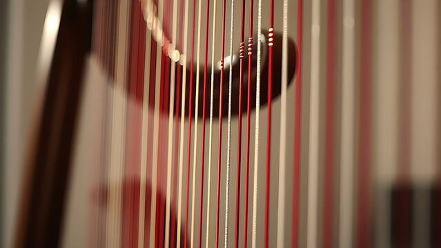 Close-up of harp strings being plucked with light glinting on the strings.