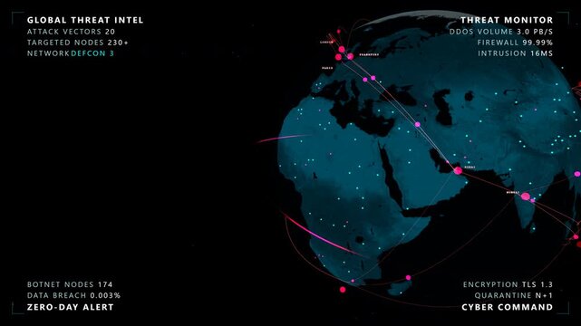 Sweeping camera panning across a cyber warfare globe featuring a glowing cyan and magenta digital earth with threat vectors, panoramic view.