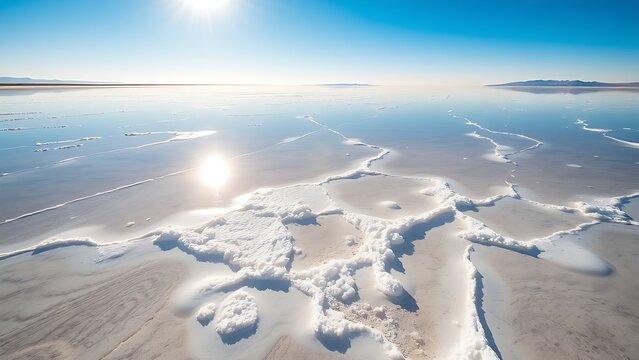 Sunlit salt flats with shallow water pools reflecting blue sky.