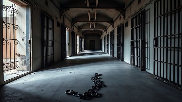 An empty prison corridor with open iron doors and chains on the floor.