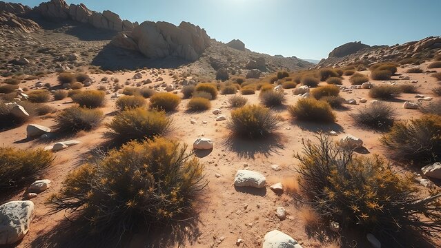 Mediterranean scrubland with low thorny bushes and sun-bleached rocks under bright sunlight.