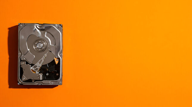 Internal components of a hard disk drive on a vibrant orange background