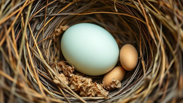 Single cuckoo egg lying in a nest belonging to a smaller bird.