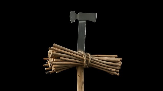 A bundle of wooden rods bound together with an axe blade emerging.