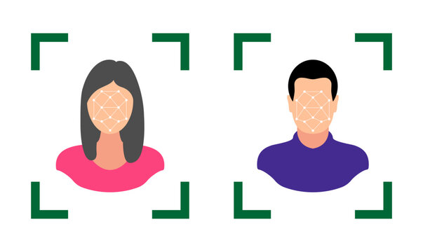 Digital illustration depicting biometric identification systems analyzing human faces within a camera frame. Facial recognition technology scanning two people's faces for identification
