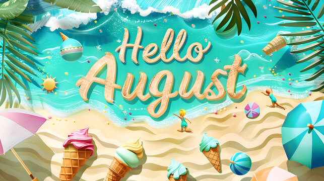 Hello august: summer beach scene with ice cream cones and ocean waves