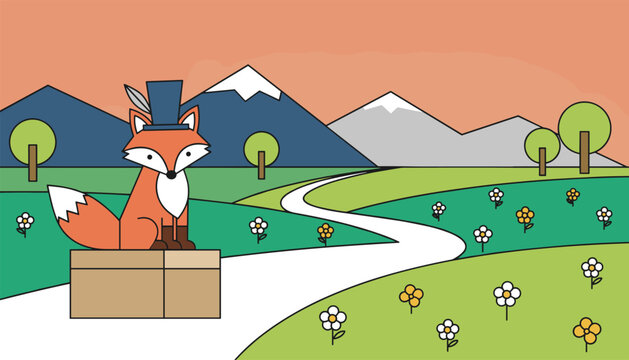 Cute cartoon fox wearing a blue top hat sitting on a wooden chest in a beautiful flower field with mountains.