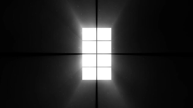 Volumetric light beam shining through a square window. White monochrome god rays with floating dust particles overlay on black background.