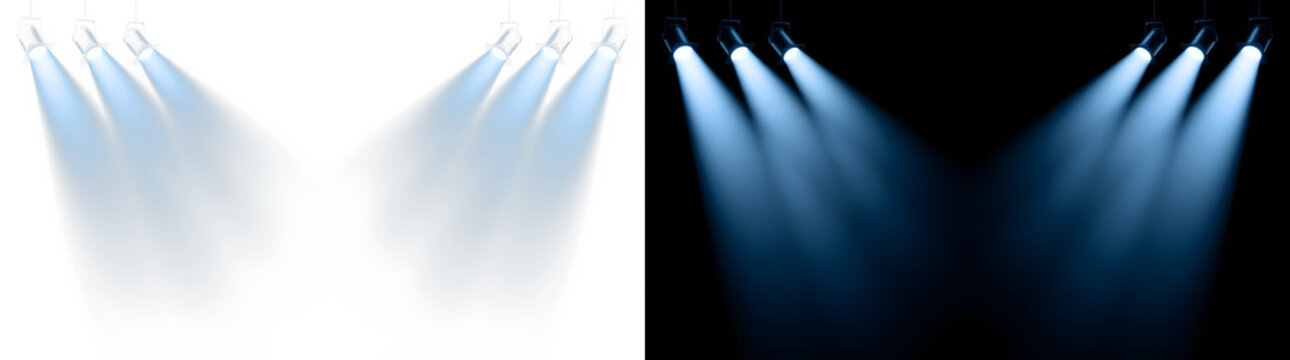 Set of blue stage spotlights with beams on black and white background, spotlight