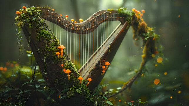 Enchanted forest harp with vibrant orange mushrooms amidst lush greenery