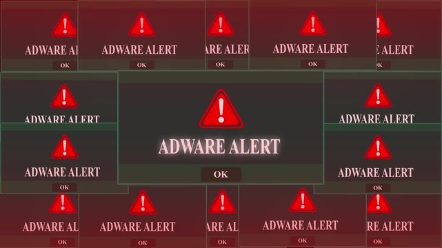 Adware Alert Warning Error Window Pop-up Notification Box On Black Screen. threat, network security, computer, danger. Cybersecurity threat warning. 4k video animation on black background.