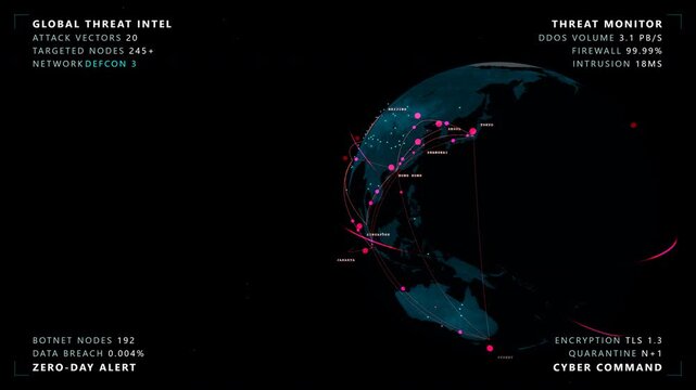 Low angle orbit highlighting a cyber warfare globe featuring a glowing cyan and magenta digital earth with threat vectors inside a dense European server nodes, panoramic view.