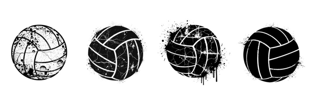 Grungy volleyball ball illustrations with splatters and distressed ink texture.