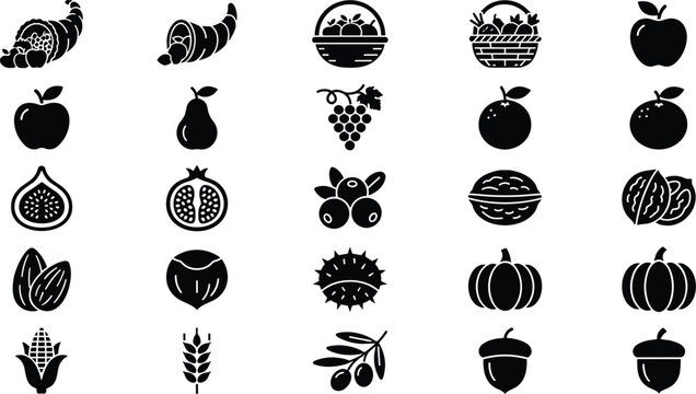 Set of autumn harvest and thanksgiving food icons featuring cornucopia fruits vegetables and nuts in black silhouette style