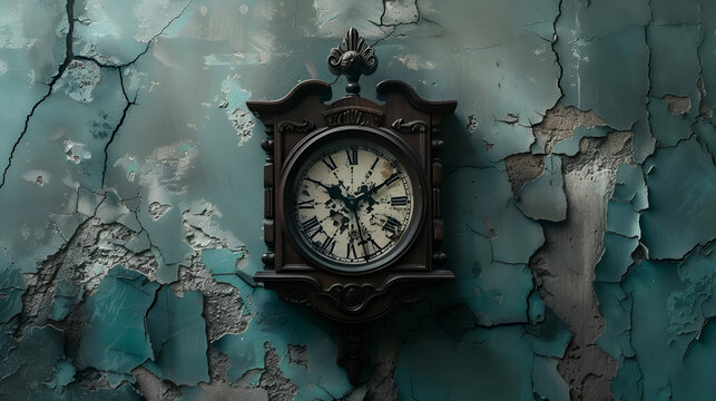 Antique wall clock against weathered blue peeling paint background
