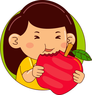 Girl Eating Apple Vector Illustration