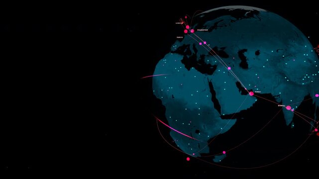 Sweeping camera panning across a cyber warfare globe background featuring a clean digital earth with no overlays inside a transatlantic data cables connecting USA to Europe, panoramic view.