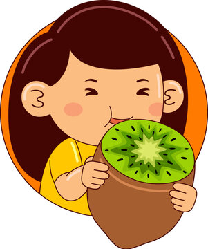 Girl Eating Kiwi Vector Illustration