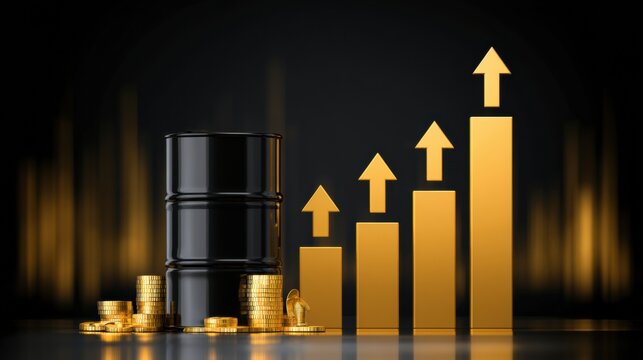 Oil barrel stands with golden arrows pointing upward along with coins against a dark background for financial market representation