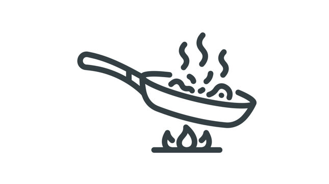 Sizzling frying pan on stove burner culinary icon.