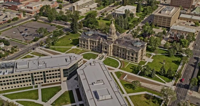 Cheyenne Wyoming Aerial v5 panoramic birdseye view of state capitol building and downtown cityscape with union pacific railroad in far distance - Shot with Inspire 2, X7 camera - August 2020