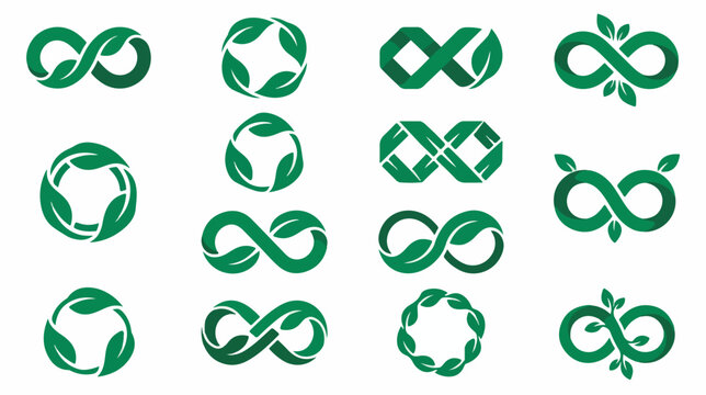 Collection of green leaf infinity and circular cycle icons.
