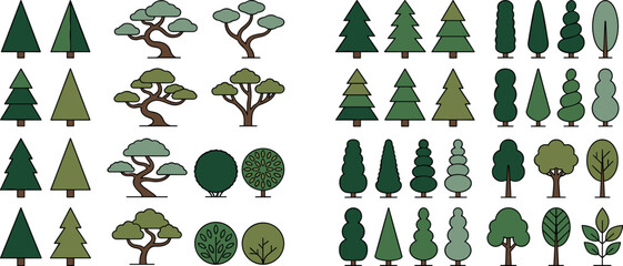 Minimalist nature and vegetation line icons set with diverse garden trees deciduous evergreens and shrubbery design elements for landscape infographics vector © Md. Ashik Hossain