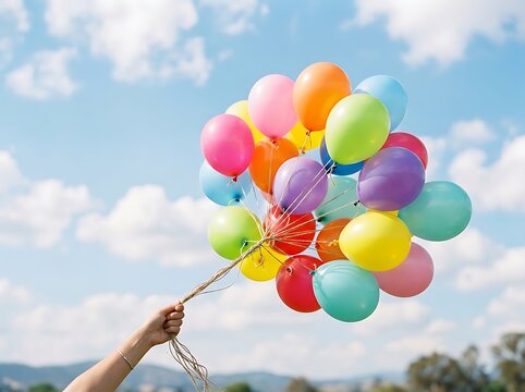 Bright colorful balloons being held in hand against a clear blue sky with clouds
