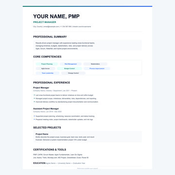 Clean, single-column project manager resume layout with a vibrant green accent bar and core competency tags