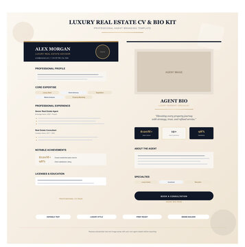 Luxurious real estate CV and agent bio branding template kit featuring elegant gold accents and metric highlights