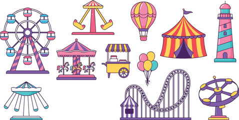Amusement park rides set with ferris wheel roller coaster carousel circus tent and hot air balloon icons vector © MSTRAZINA