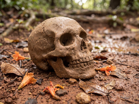Handmade Clay Skull On Tropical Ground