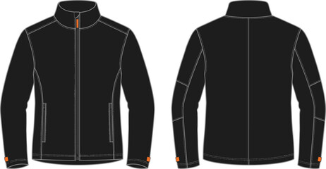 Black Sports Windbreaker Jacket Technical Vector Sketch Set with Front and Back Views for Activewear Apparel Mockup Design and Clothing Tech Pack © MdMOSTOFA
