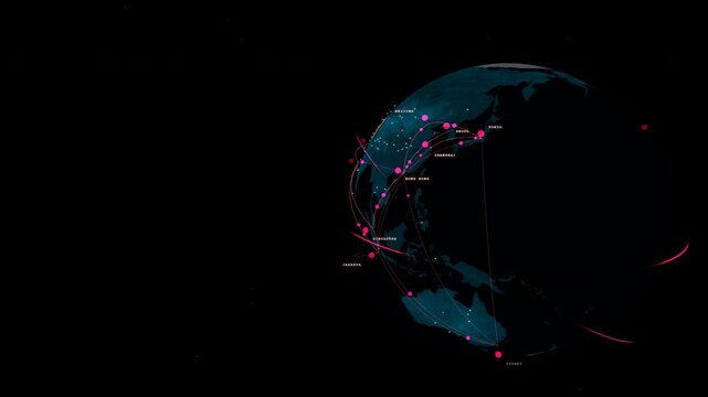 Low angle orbit highlighting a cyber warfare globe background featuring a clean digital earth with no overlays inside a dense European server nodes, captured with an expansive panoramic framing.