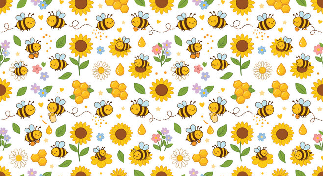 Cute Honey Bee and Sunflower Seamless Pattern with Honeycomb, Wildflowers, Leaves, Hearts, and Cartoon Insects on White Background
