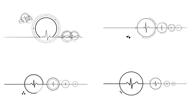 Abstract heartbeat pulse line art with circles and geometric shapes on white background.