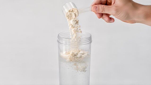 Controlled protein pour creates soft powder cloud above shaker, expressing preparation, recovery and tactile supplement experience for banners, packaging and ecommerce visuals.