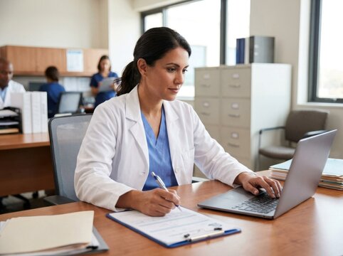 Female medical doctor writing notes on a clipboard while using a laptop with physician clipboard healthcare