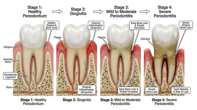 Four stages of periodontal disease progression diagram