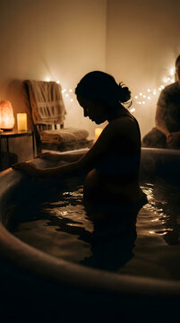 Pregnant woman silhouetted in a birth pool at home